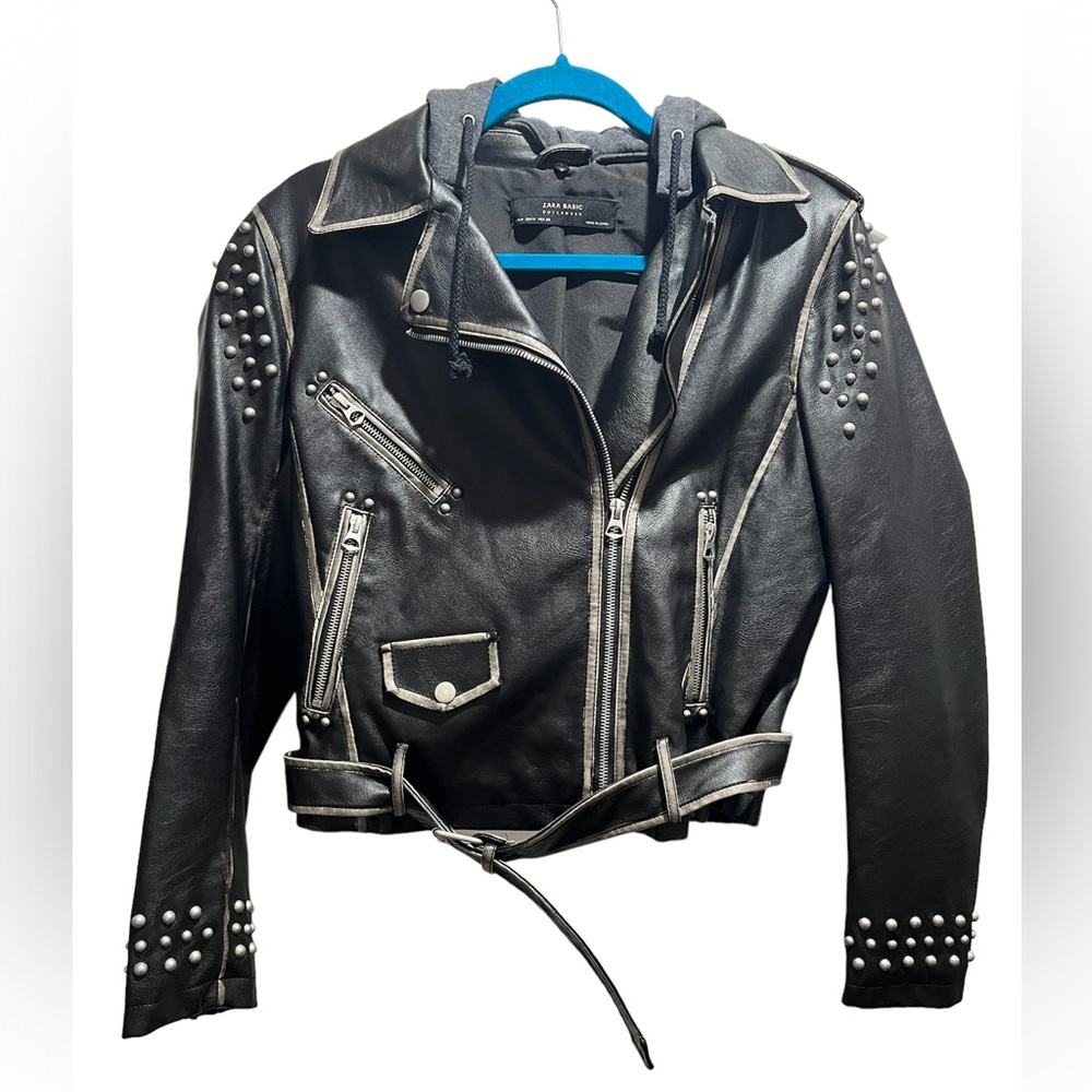 Zara faux leather motorcycle jacket with hoodie and studs